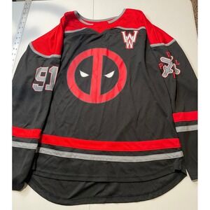Marvel Deadpool Hockey Jersey Mens XL Black Red Freeze Long Sleeve Mesh Shirt